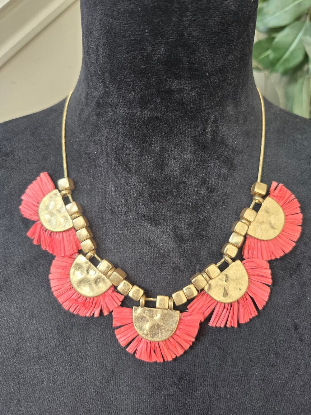 Coral Fringe Gold Disc Statement Necklace